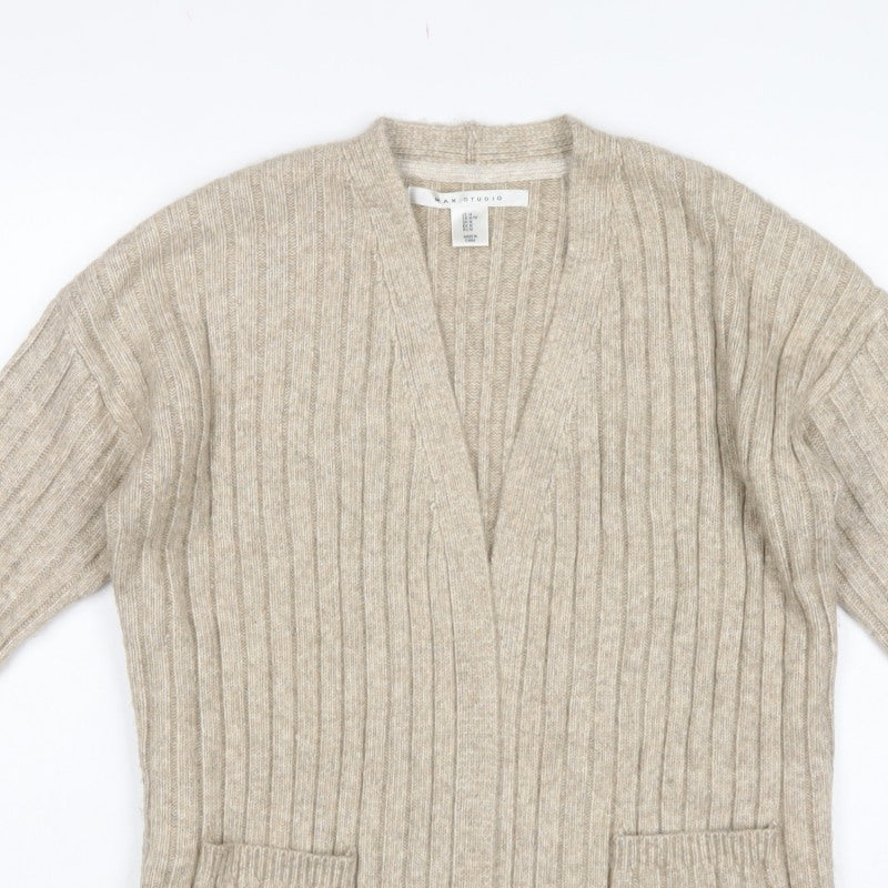Max Studio Women Beige M Ribbed Open Cardigan Long Sleeve Pockets
