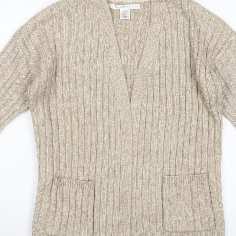 Max Studio Women Beige M Ribbed Open Cardigan Long Sleeve Pockets
