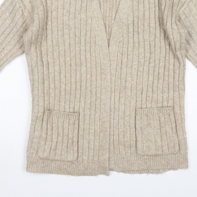 Max Studio Women Beige M Ribbed Open Cardigan Long Sleeve Pockets