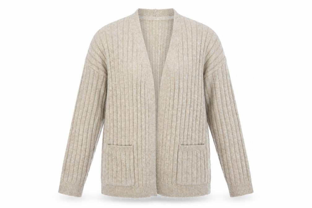 Max Studio Women Beige M Ribbed Open Cardigan Long Sleeve Pockets