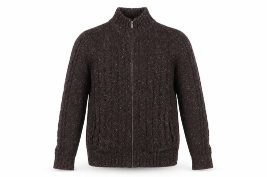 Kickers Men’s Brown L Full Zip Cable Knit Wool Blend Jumper
