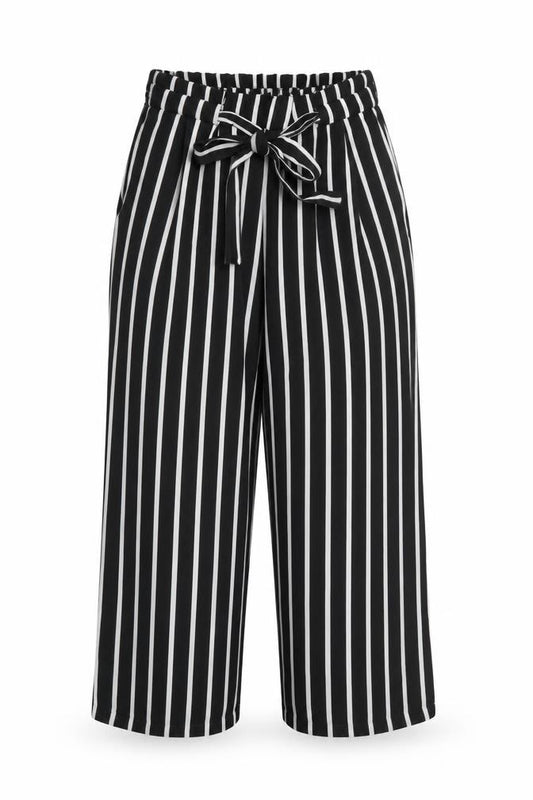 Zara Women Black White Striped Paperbag Wide Leg Trousers Size S