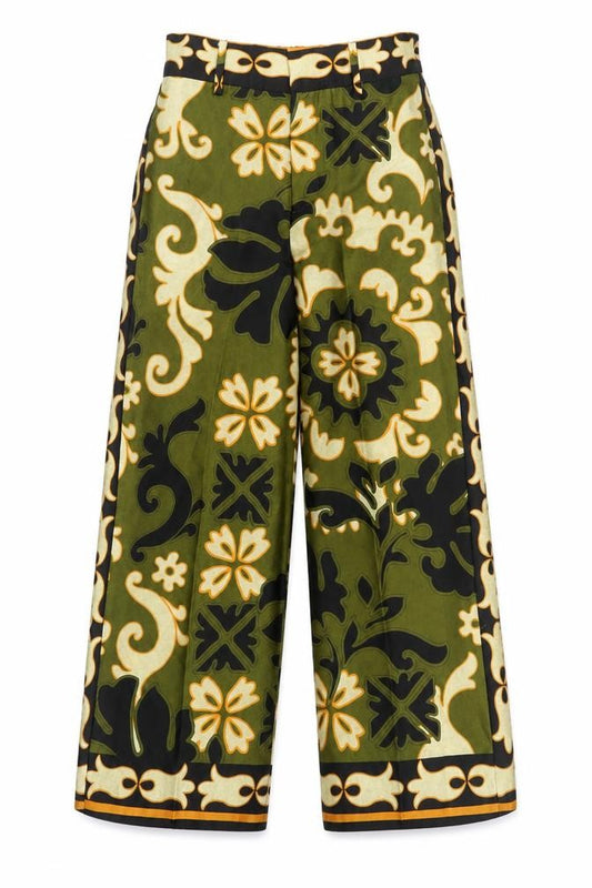 Zara Women Green Floral Wide-Leg High Rise Trousers Size S