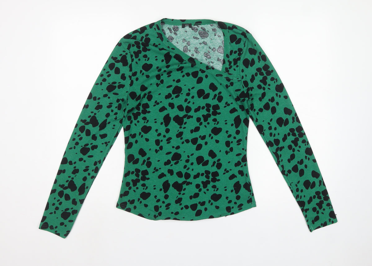 River Island Women Green Animal Print Basic V-Neck Top UK 14