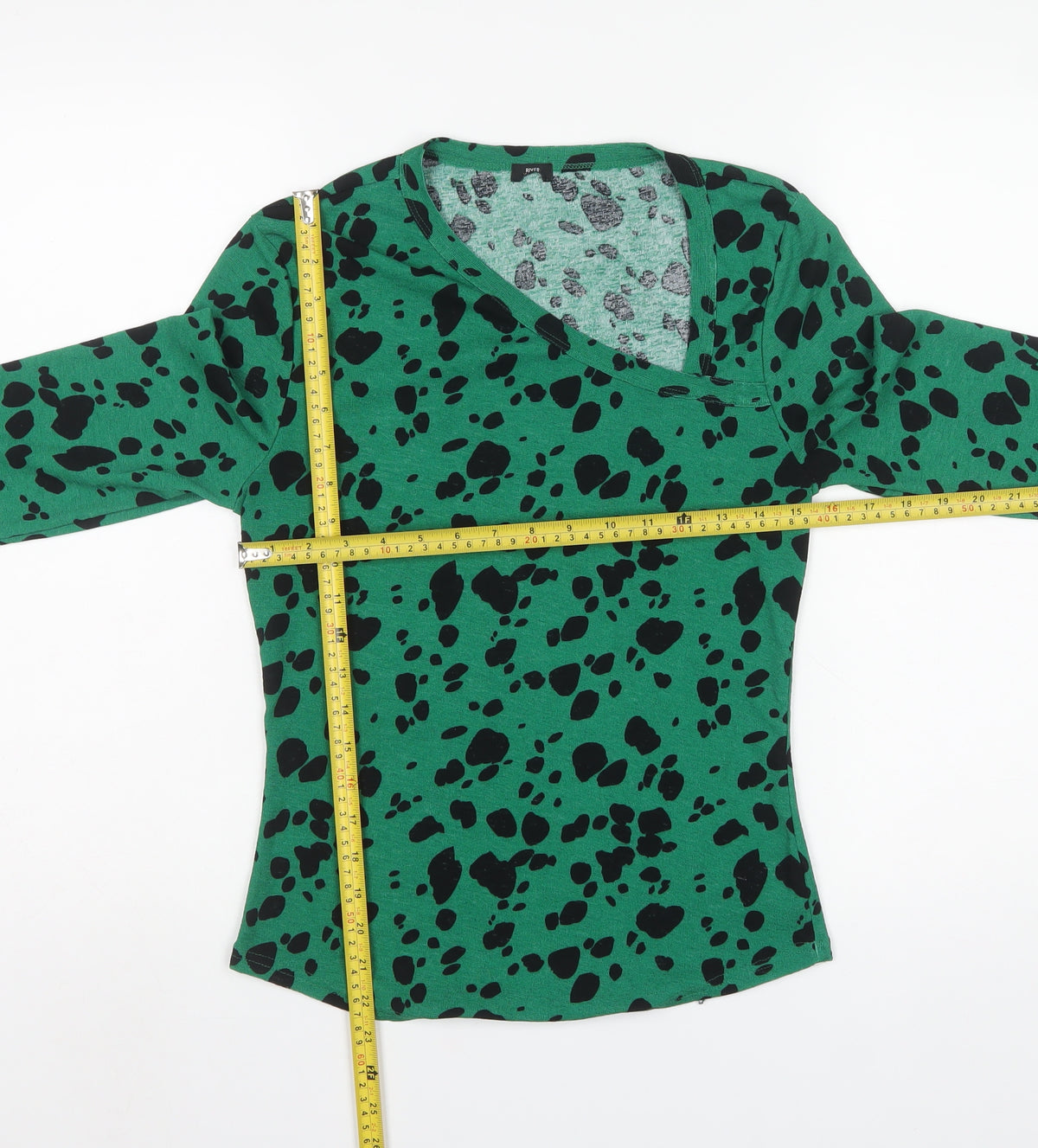 River Island Women Green Animal Print Basic V-Neck Top UK 14
