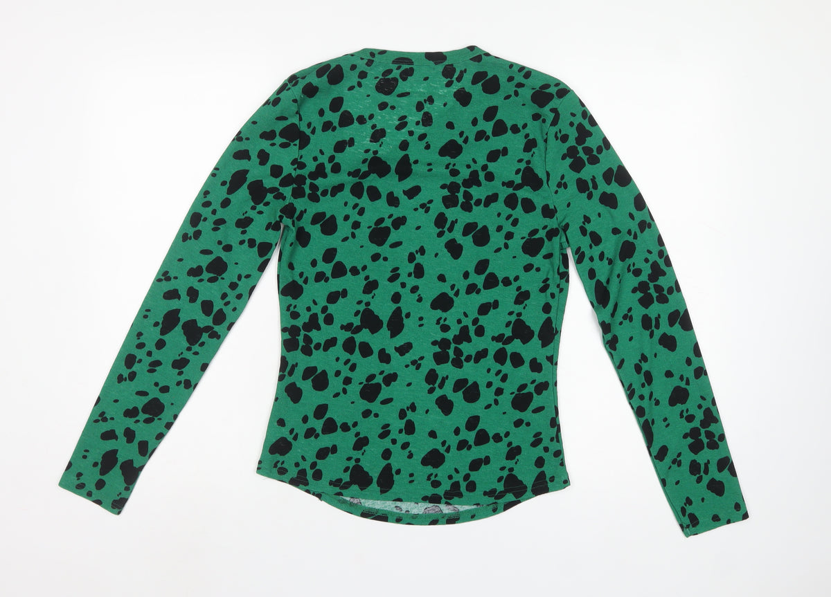River Island Women Green Animal Print Basic V-Neck Top UK 14