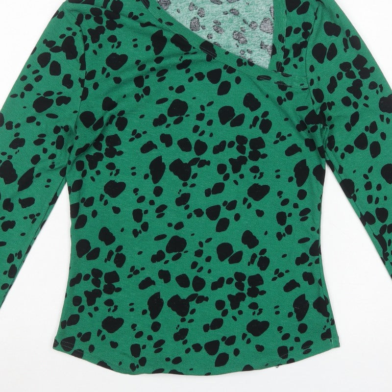 River Island Women Green Animal Print Basic V-Neck Top UK 14