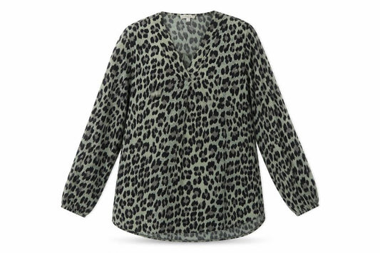 Apricot Women Green S Leopard Print V-Neck Long Sleeve Tunic Blouse
