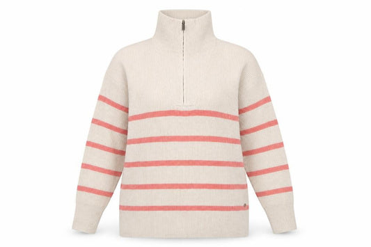 Fat Face Women’s Beige Pink Striped Size 10 Half Zip High Neck Jumper