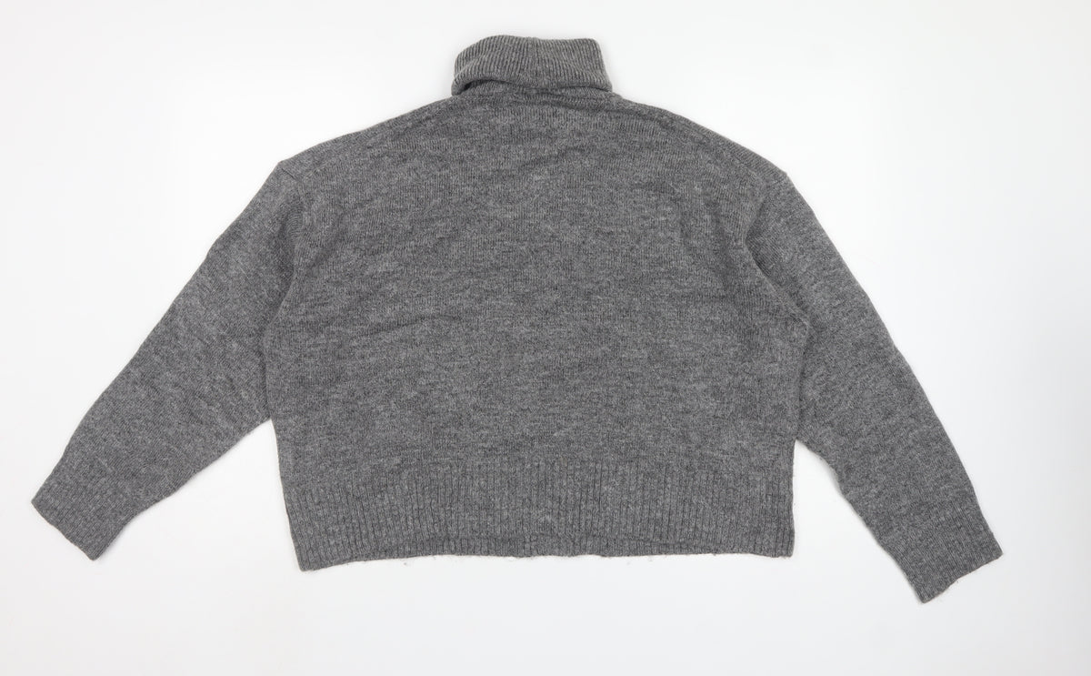 Zara Women Grey UK 12 Roll Neck Knit Pullover Jumper Long Sleeve