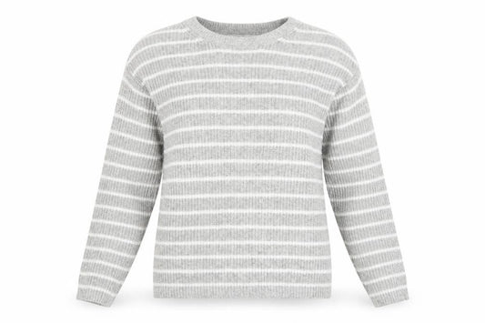 Marks and Spencer Women Grey White Striped Knit Crew Neck Jumper S