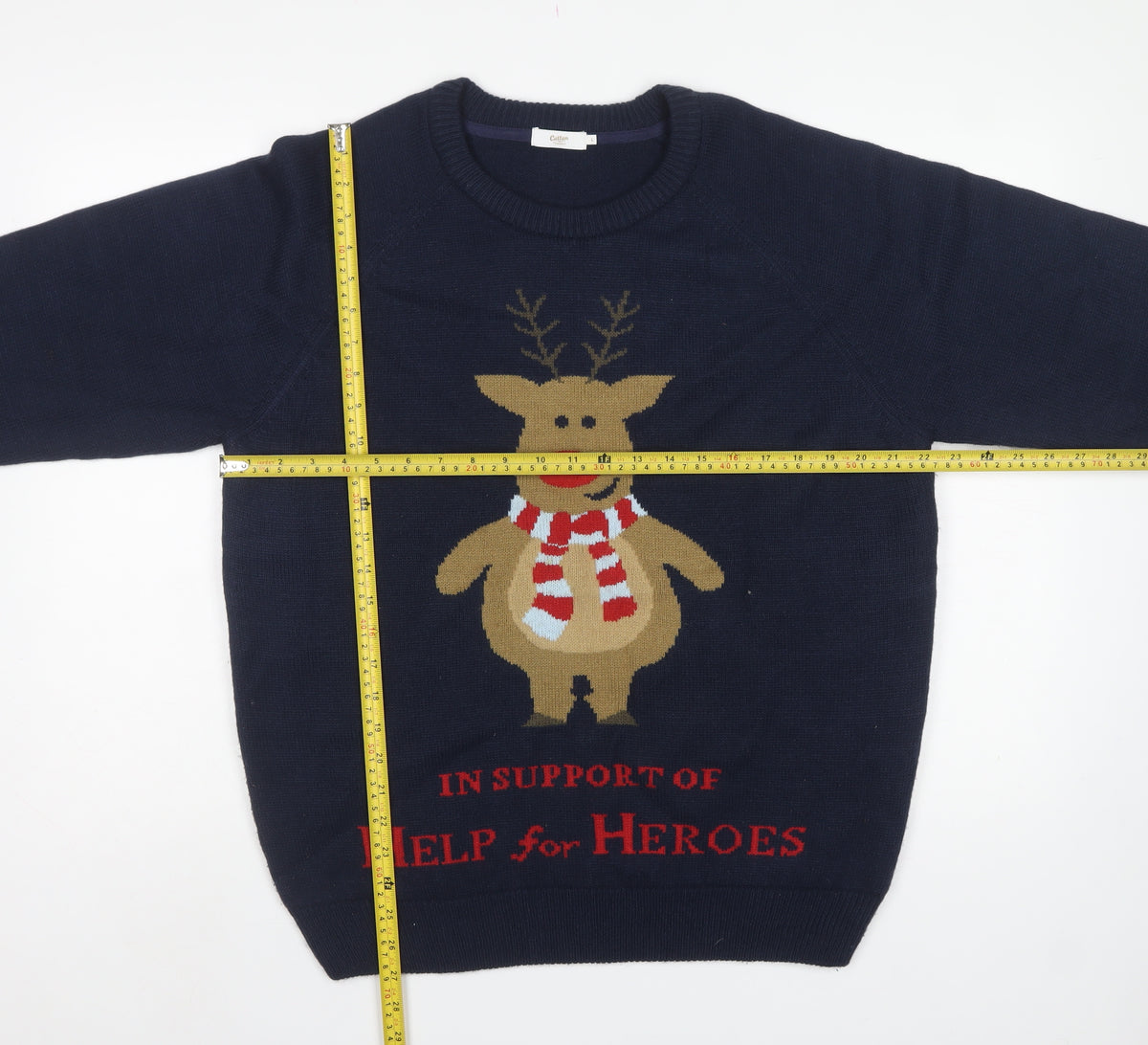 Cotton Traders Men’s Blue L Christmas Reindeer Help for Heroes Jumper
