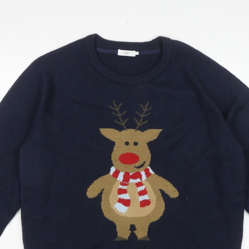 Cotton Traders Men’s Blue L Christmas Reindeer Help for Heroes Jumper