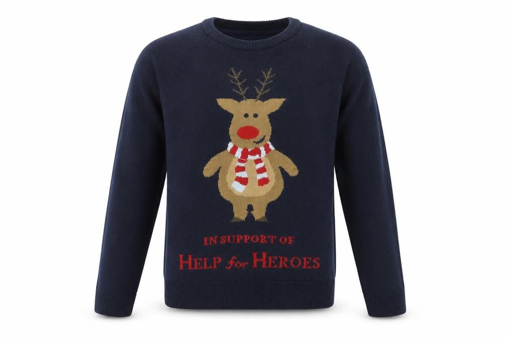 Cotton Traders Men’s Blue L Christmas Reindeer Help for Heroes Jumper