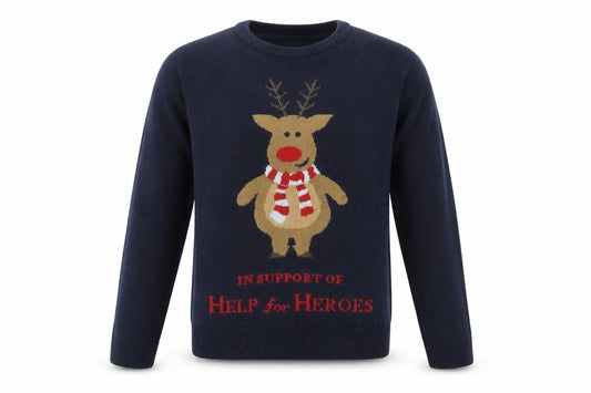 Cotton Traders Men’s Blue L Christmas Reindeer Help for Heroes Jumper