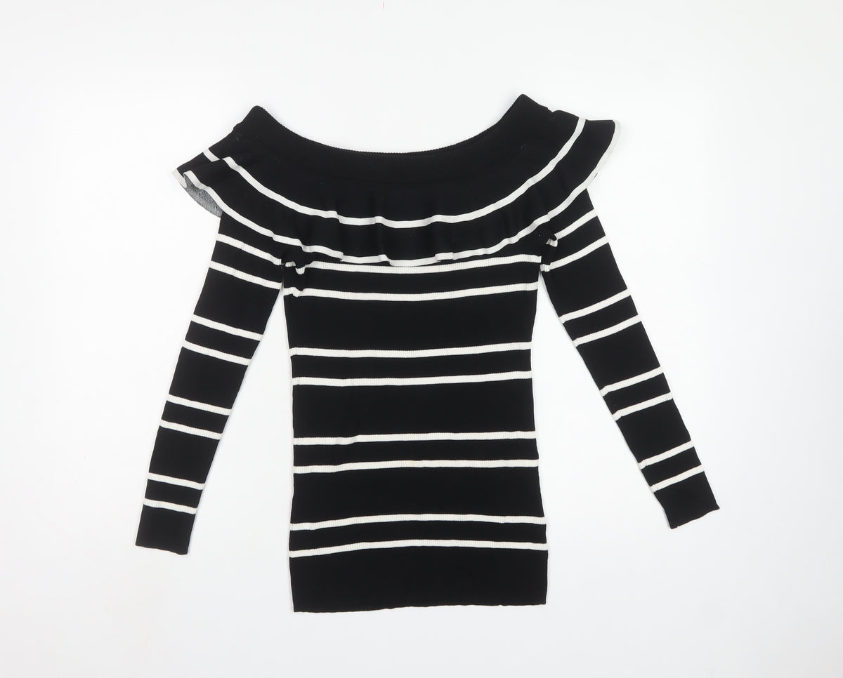 Next Women’s Black White Striped Ruffle Bardot Jumper UK 16