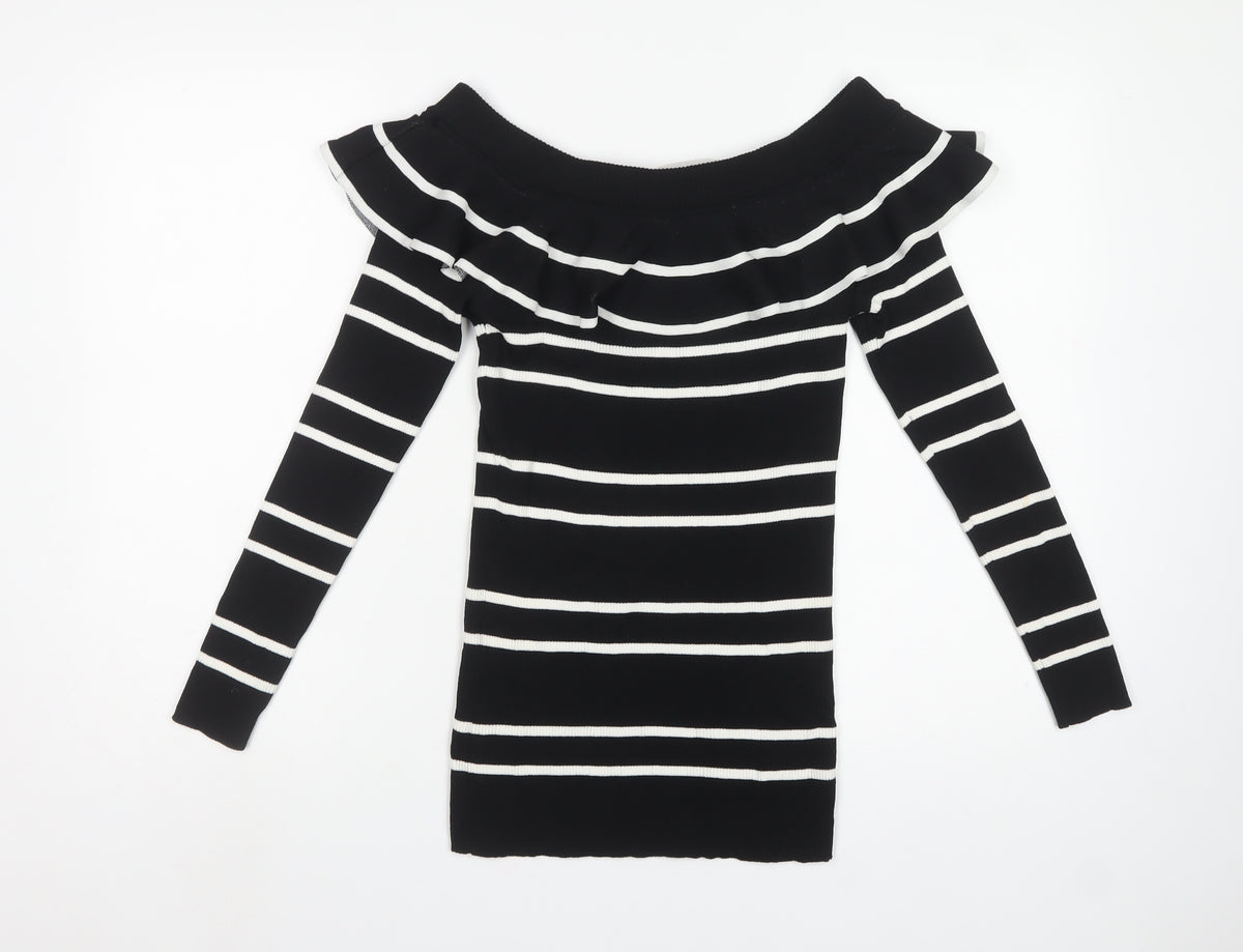 Next Women’s Black White Striped Ruffle Bardot Jumper UK 16