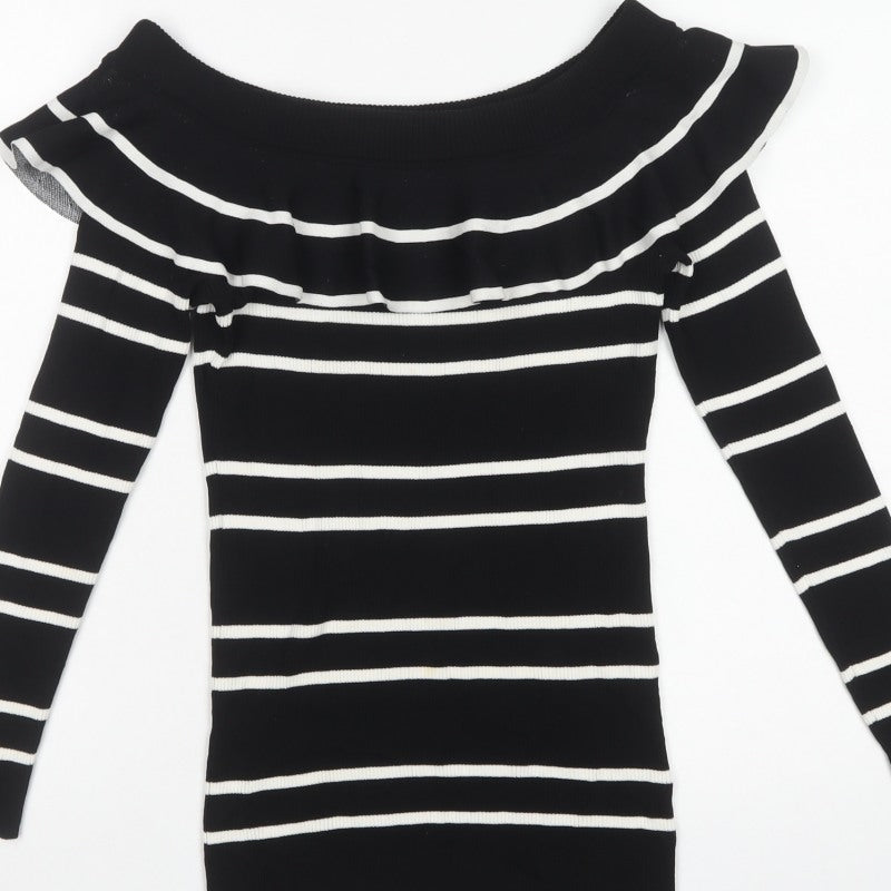 Next Women’s Black White Striped Ruffle Bardot Jumper UK 16