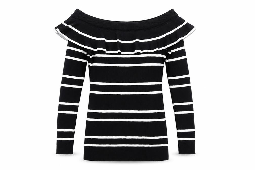 Next Women’s Black White Striped Ruffle Bardot Jumper UK 16