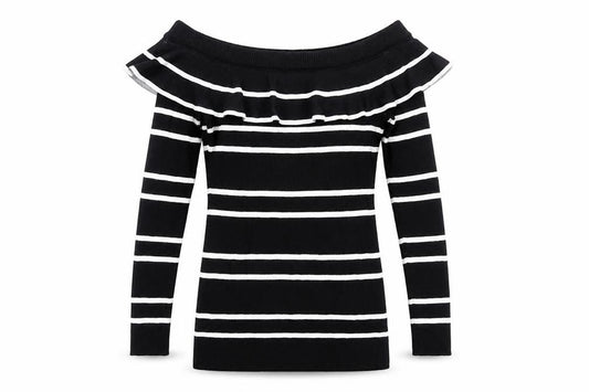 Next Women’s Black White Striped Ruffle Bardot Jumper UK 16