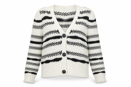 Next Women Ivory Black Striped Chunky Knit Button Cardigan Size S