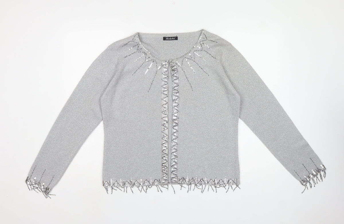 Berkertex Women’s Silver Sequin Fringe Knit Cardigan Size 20