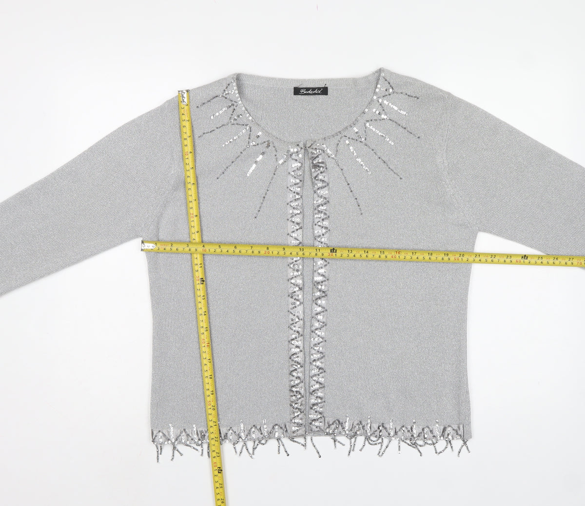 Berkertex Women’s Silver Sequin Fringe Knit Cardigan Size 20