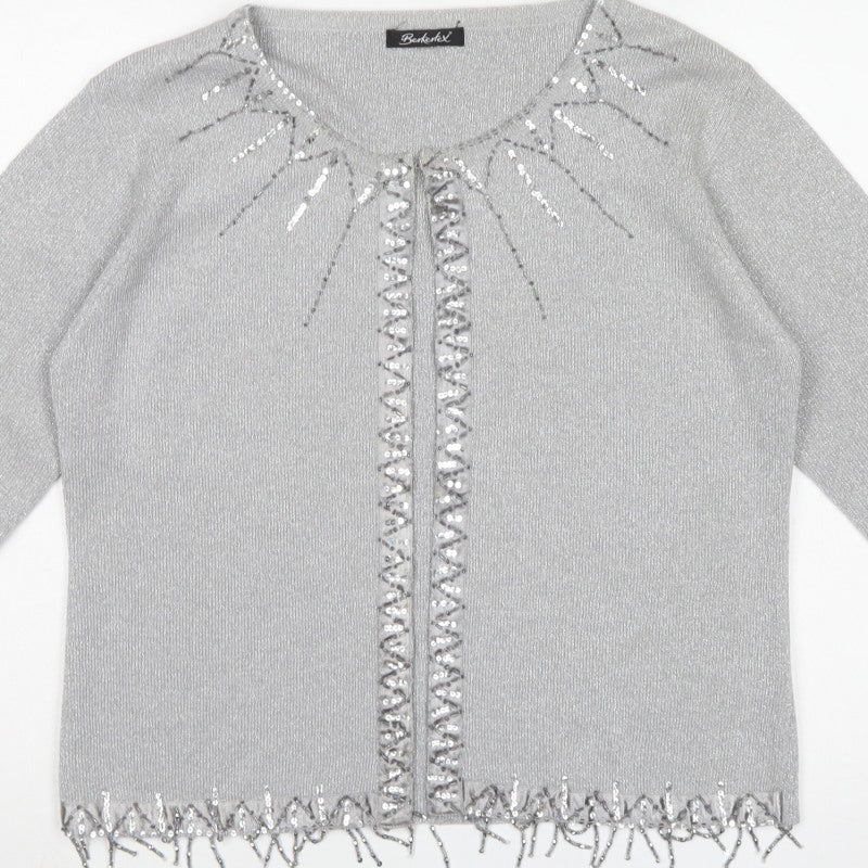 Berkertex Women’s Silver Sequin Fringe Knit Cardigan Size 20