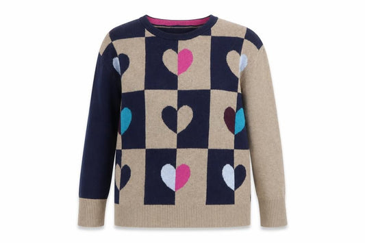White Stuff Women’s Beige Navy Heart Check Knit Jumper UK 14