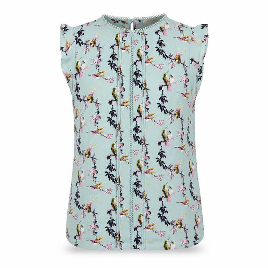 Oasis Women Blue Floral Bird Sleeveless Crochet Trim Blouse UK 12