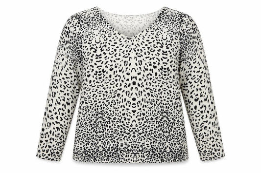Damart Women's Ivory Leopard Print V-Neck Knit Jumper UK 16 Long Sleeve