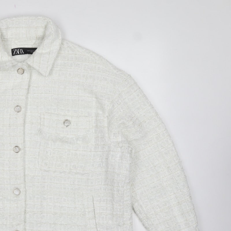 Zara Women White M Textured Tweed Shacket Jacket Snap Button