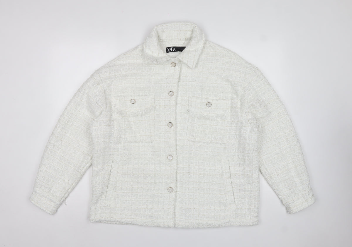 Zara Women White M Textured Tweed Shacket Jacket Snap Button