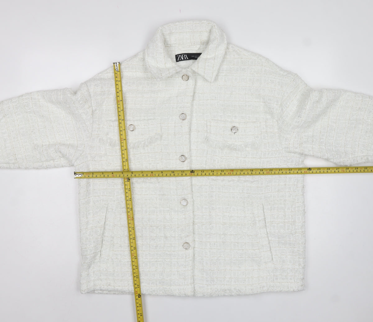 Zara Women White M Textured Tweed Shacket Jacket Snap Button