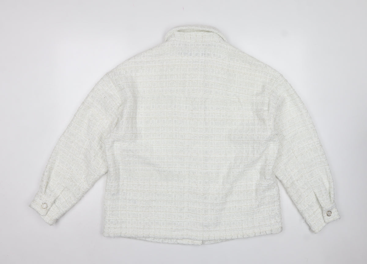 Zara Women White M Textured Tweed Shacket Jacket Snap Button