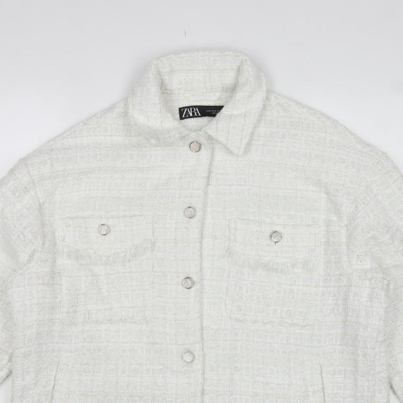 Zara Women White M Textured Tweed Shacket Jacket Snap Button