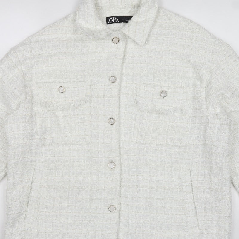 Zara Women White M Textured Tweed Shacket Jacket Snap Button