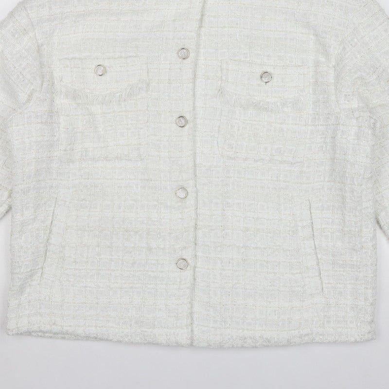 Zara Women White M Textured Tweed Shacket Jacket Snap Button