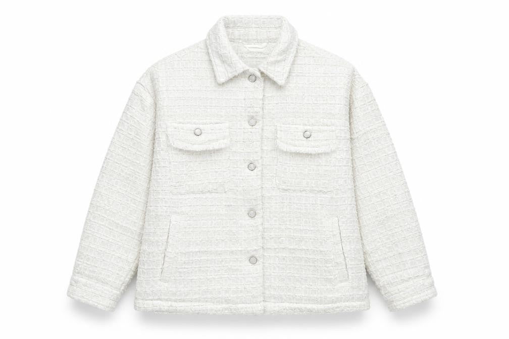 Zara Women White M Textured Tweed Shacket Jacket Snap Button