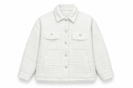 Zara Women White M Textured Tweed Shacket Jacket Snap Button