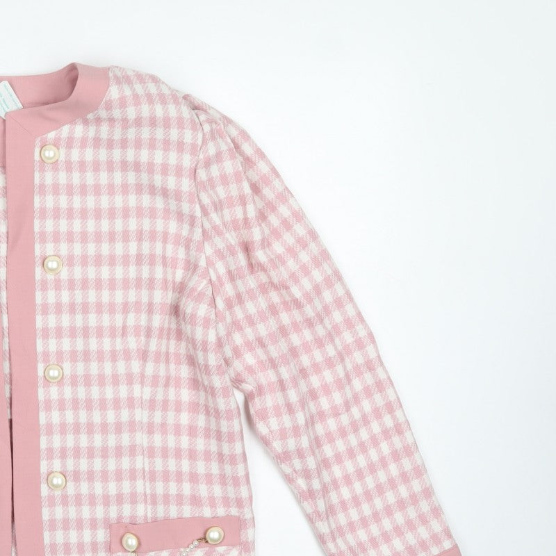 Frankenwälder Women Pink Check Wool Blend Double-Breasted Suit Jacket UK 14