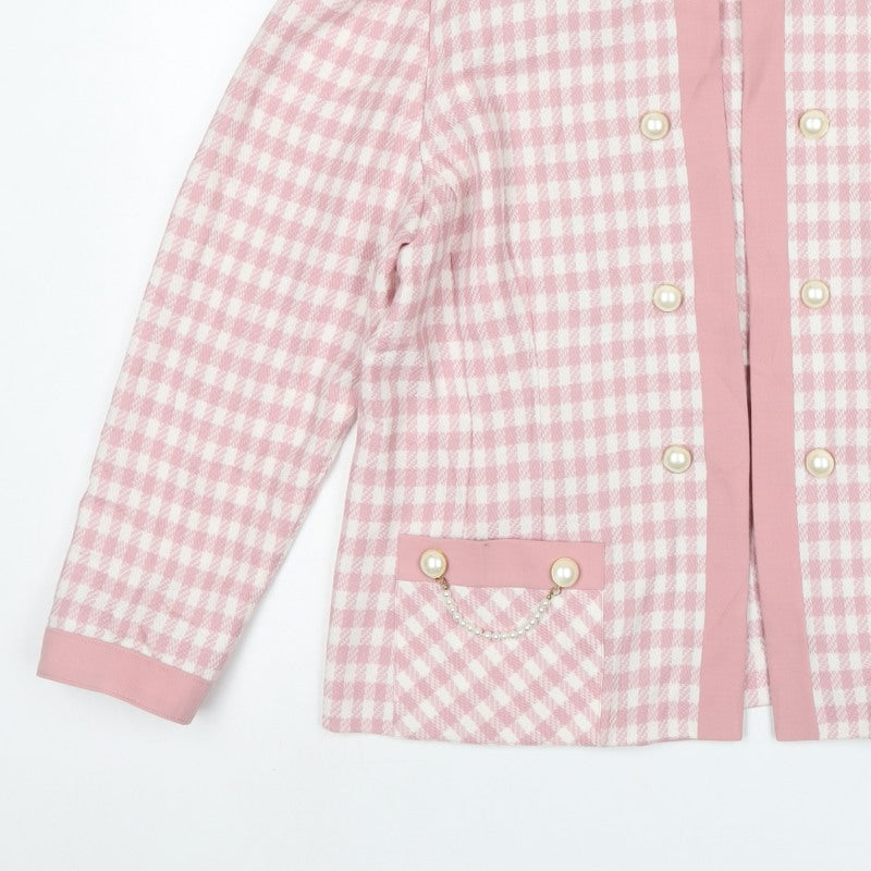Frankenwälder Women Pink Check Wool Blend Double-Breasted Suit Jacket UK 14