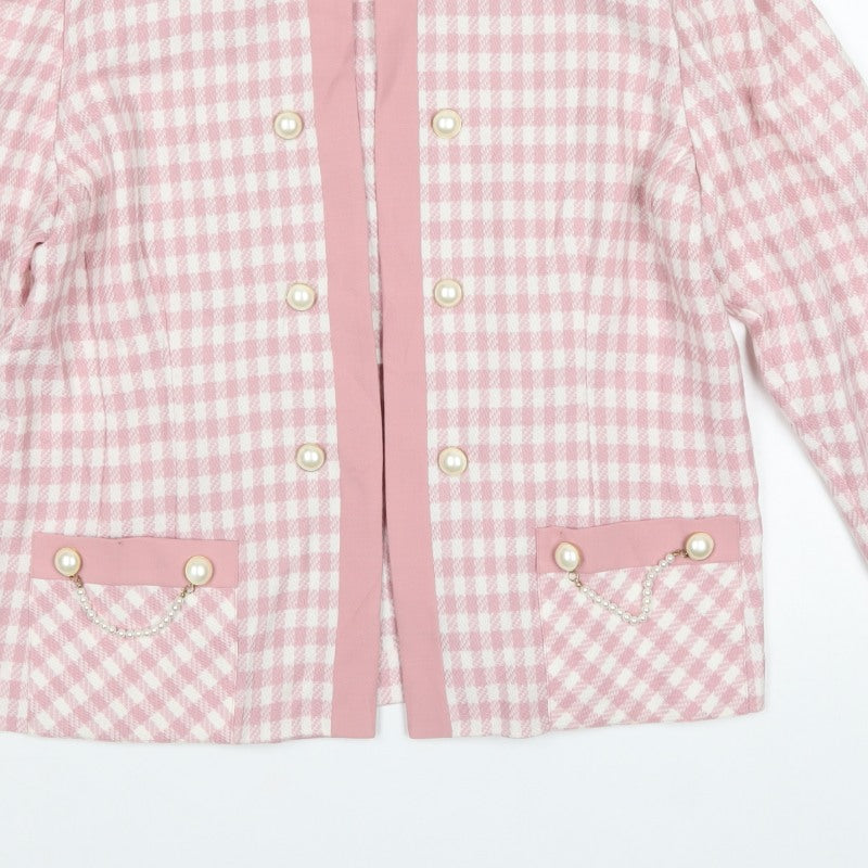 Frankenwälder Women Pink Check Wool Blend Double-Breasted Suit Jacket UK 14