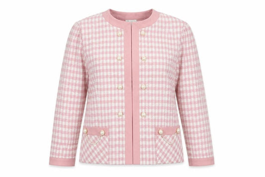 Frankenwälder Women Pink Check Wool Blend Double-Breasted Suit Jacket UK 14