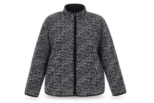 Karen Scott Sport Womens Grey L Herringbone Fleece Full Zip Jacket