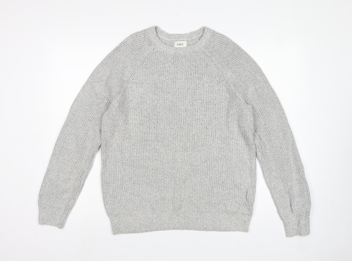 Marks and Spencer Men Grey M Ribbed Knit Crew Neck Pullover Jumper