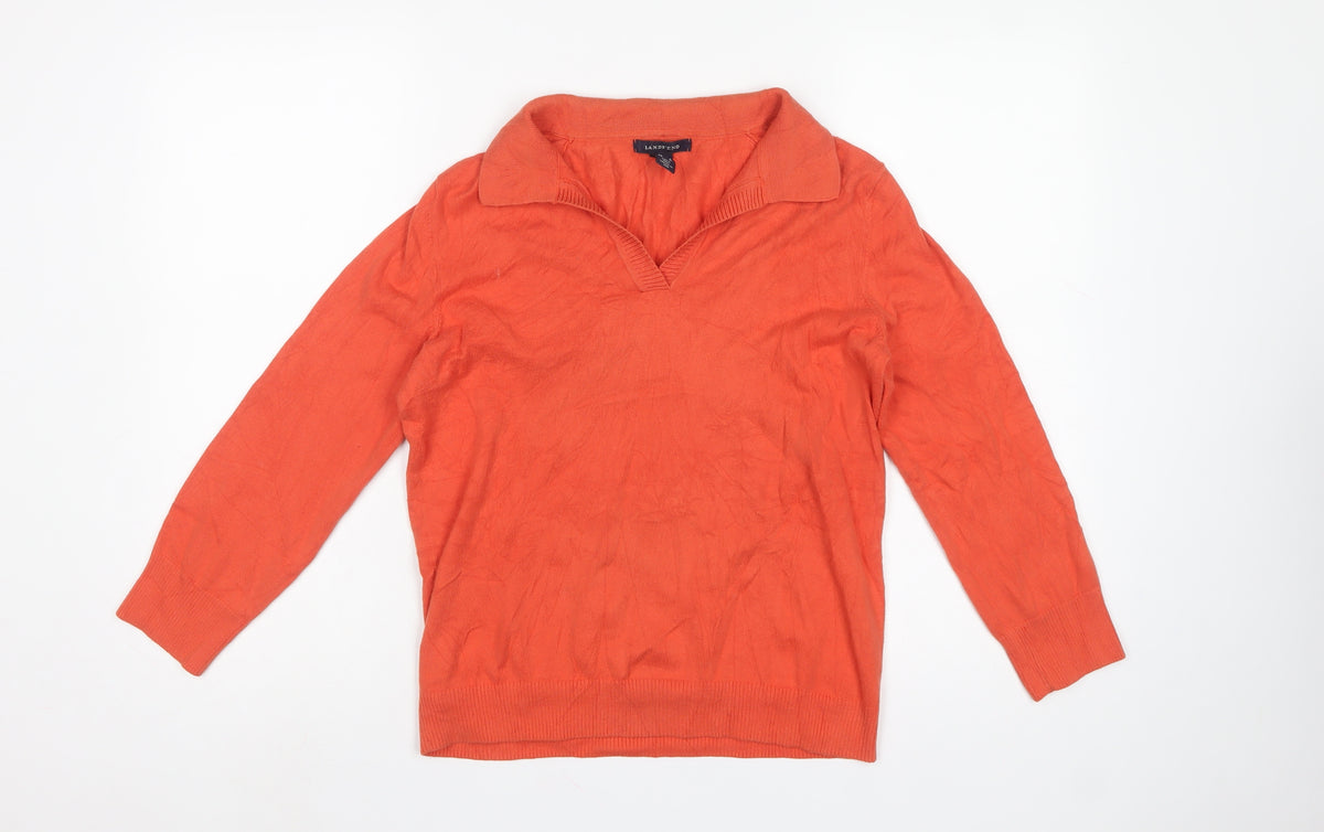 Lands' End Women Orange Cotton Collared V-Neck Knit Jumper Size S