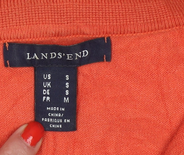 Lands' End Women Orange Cotton Collared V-Neck Knit Jumper Size S