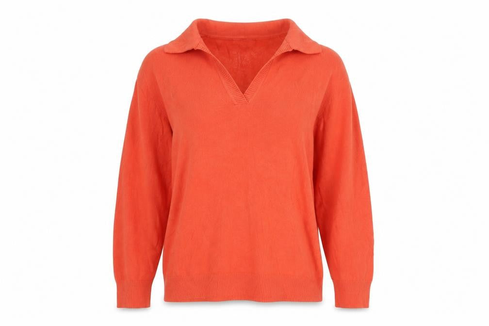 Lands' End Women Orange Cotton Collared V-Neck Knit Jumper Size S