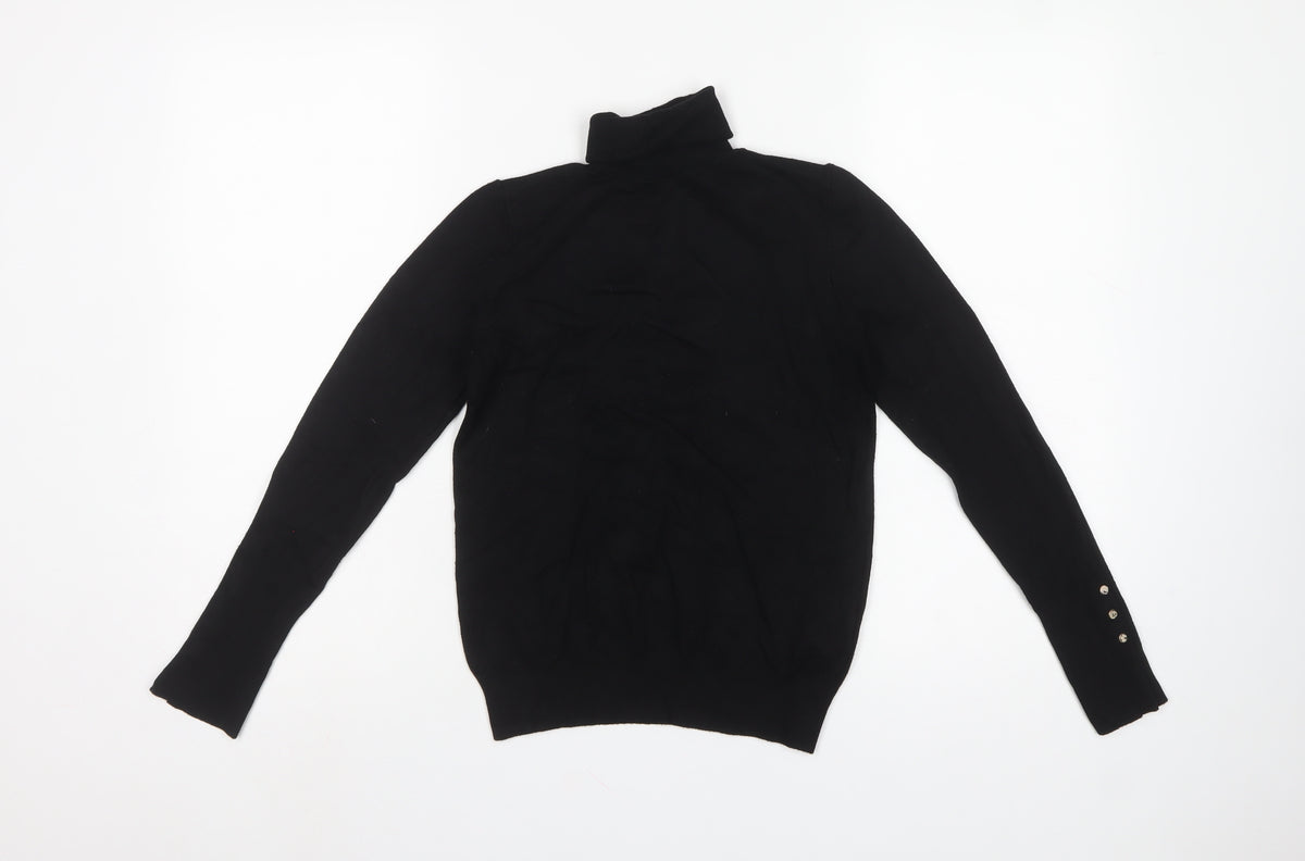 Zara Women Black UK 12 Roll Neck Knit Pullover Jumper Gold Button Cuffs